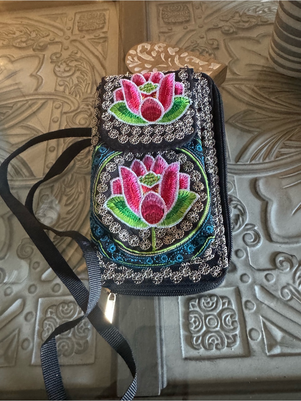 Embroidered Black Crossbody Phone Bag With Pink Floral Motif